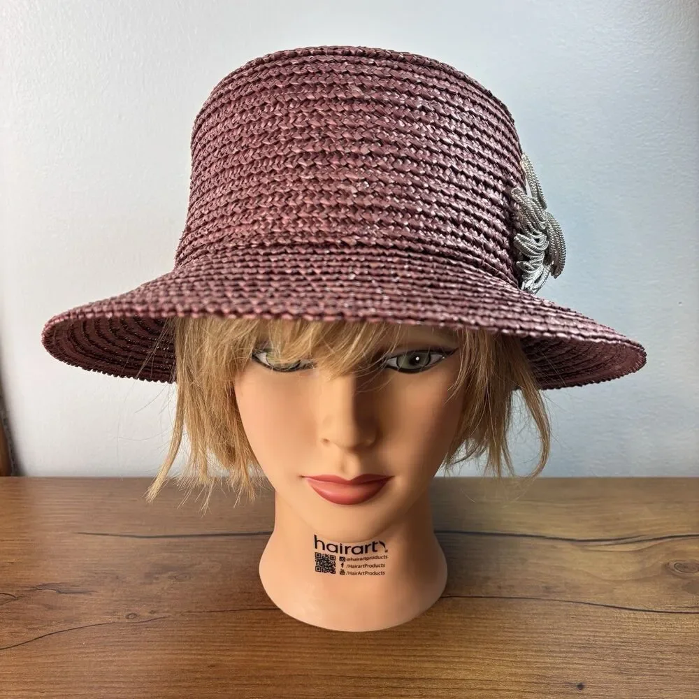 Eric Javits Woven Straw Cloche Bucket Hat Burgundy w Metallic Feather Brooch USA - Picture 2 of 10